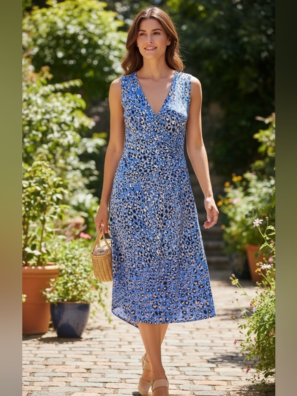 JM Collection Orange and Blue Leopard Wrap Tie Midi Dress, NWT